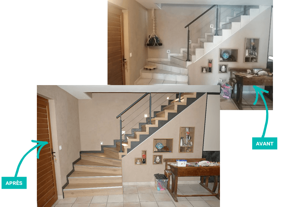 Transformation avant après d'un escalier brut par un habillage stratifié