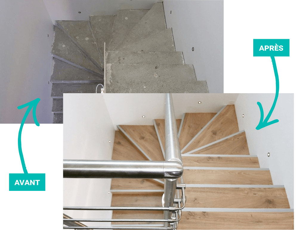 Transformation d'un escalier béton brut en escalier chaleureux effet bois