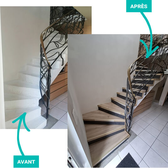 Avant Après habillage d’escalier en béton brut avec finitions modernes