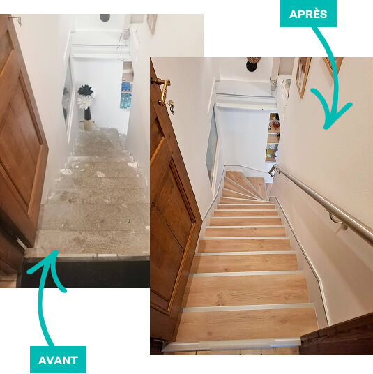 Modernisation d'escalier béton avec main courante inox et habillage de limon