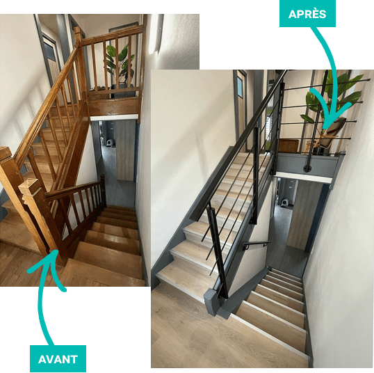 Avant Après : Transformation d'un vieil escalier bois sombre en escalier design clair