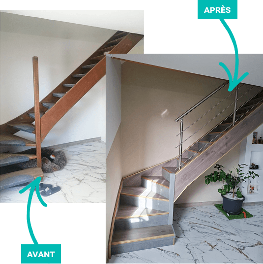 Relooking d'escalier avec ajout de contremarches et garde-corps en inox